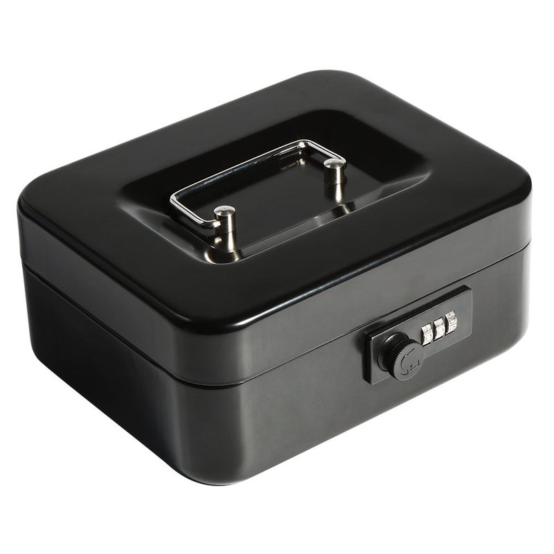 Decaller Safe Cash Box With Combination Lock, Decaller Medium Double Layer Cash Box with Money Tray Locking Storage Box, 9 4/5" x 7 4/5" x 3 1/2", QH2501M, Black - Image 1